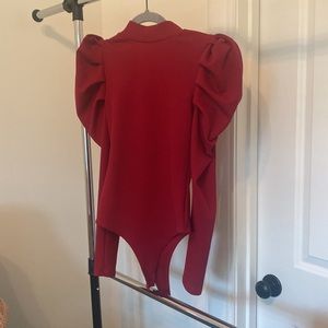 Tcec Women's White Ribbed Knit Puff Shoulder Bodysuit